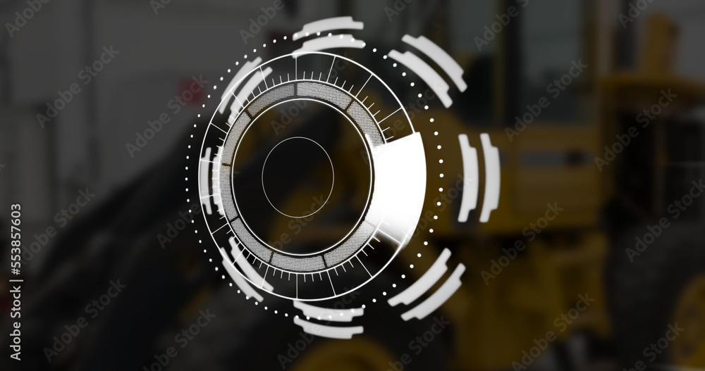 Image of scope scanning and data processing over stock market on black background