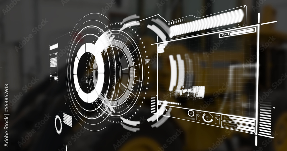 Image of scope scanning and data processing over stock market on black background