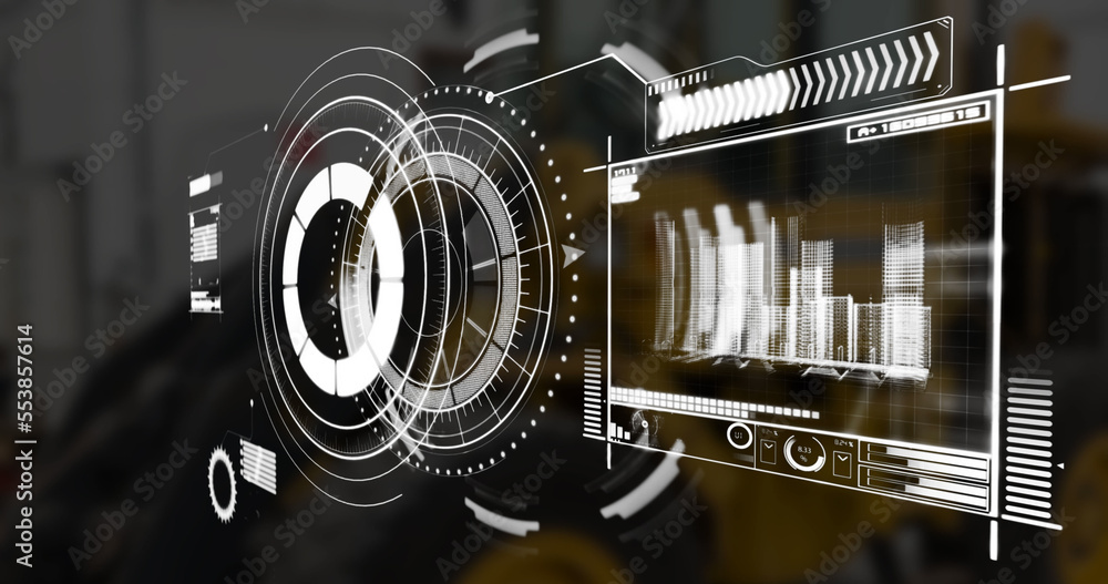 Image of scope scanning and data processing over stock market on black background