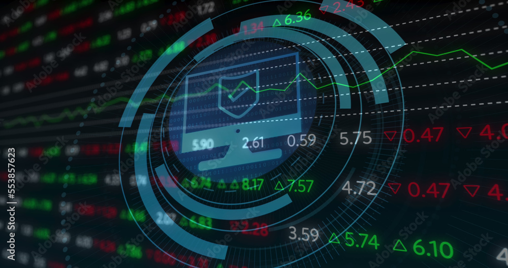 Image of scope scanning with computer icon over stock market on black background