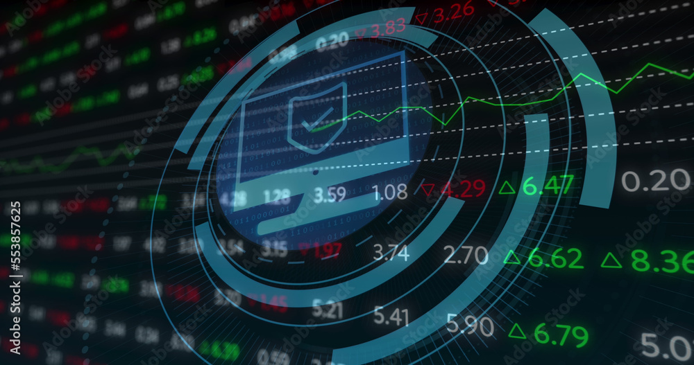 Image of scope scanning with computer icon over stock market on black background