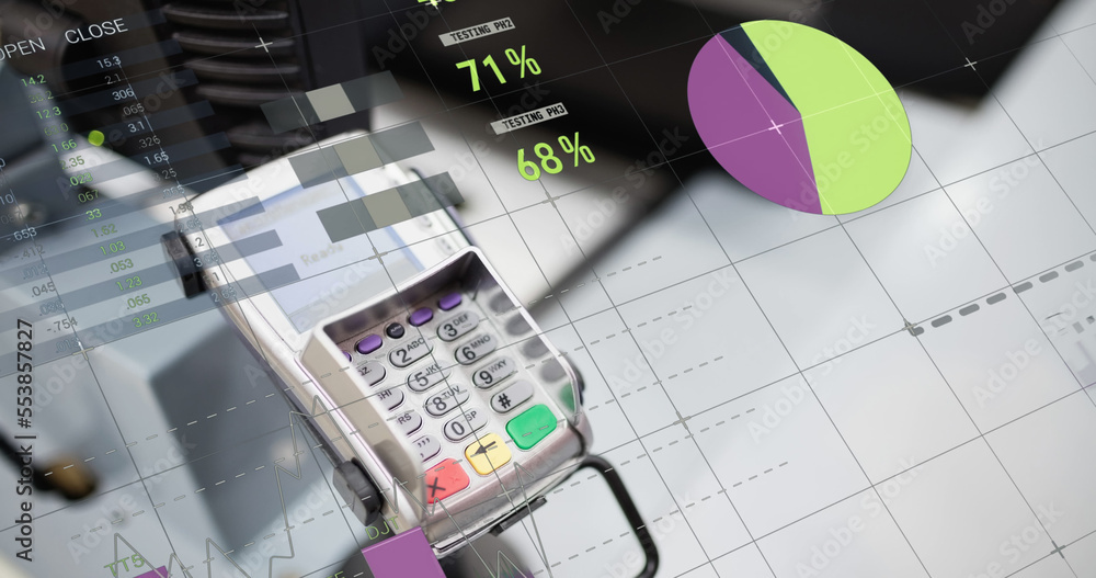 Image of statistics and financial data processing over payment terminal