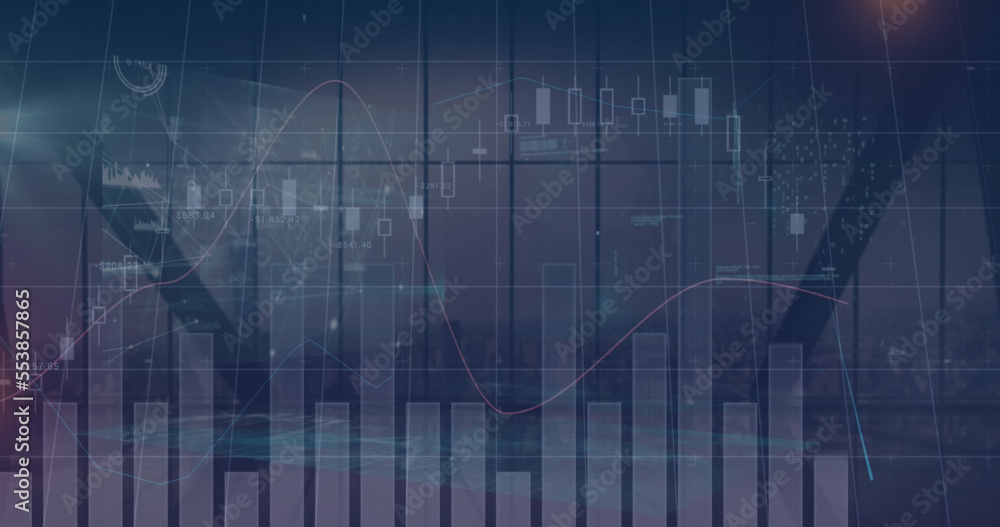 Image of financial data and graphs over cityscape