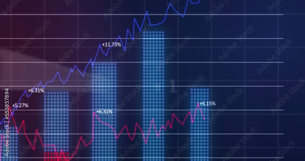 Image of financial data and graphs over navy background