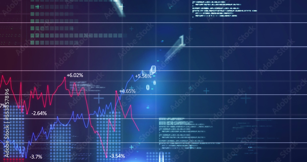 Image of financial data and graphs over navy background