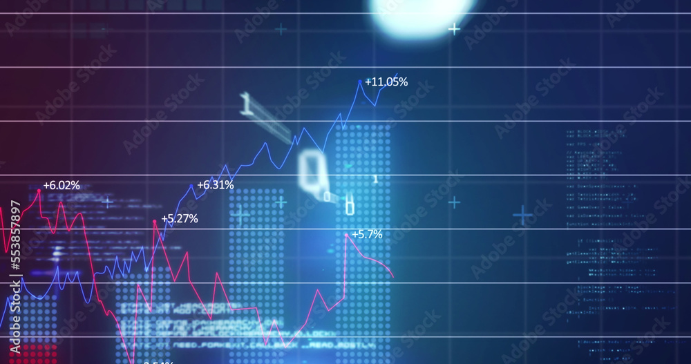 Image of financial data and graphs over navy background