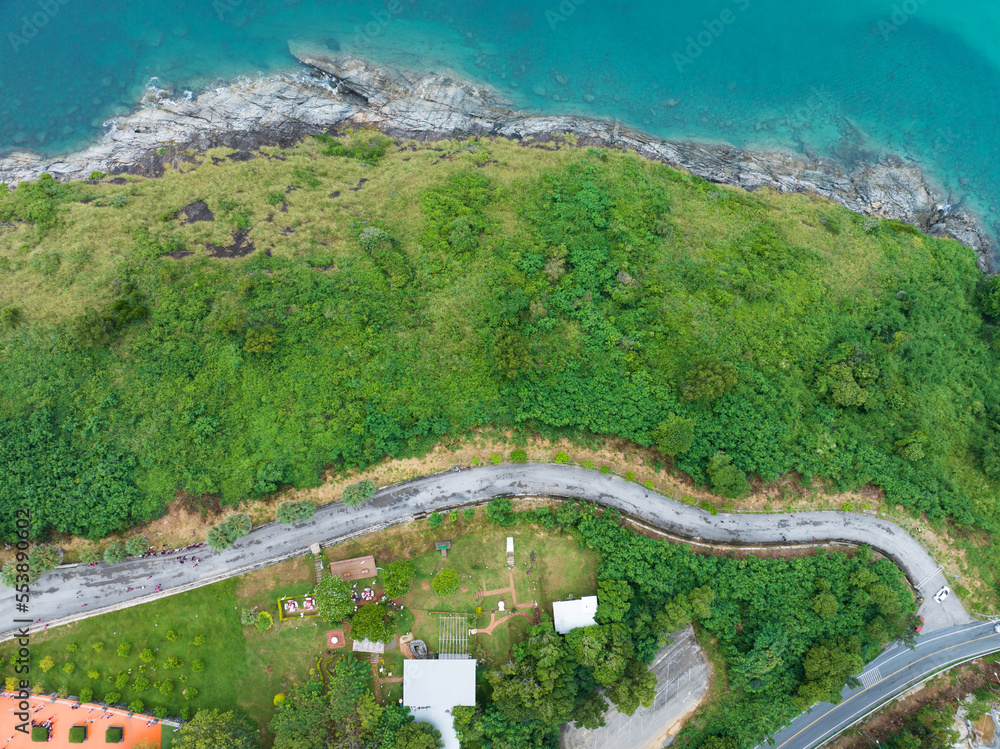 Aerial view of curve road along the seashore at Phuket Thailand beautiful seacoast and open sea in s