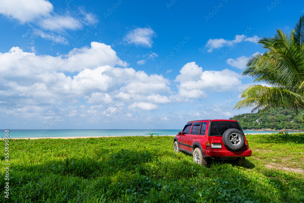 13 December 2022 Red 4x4 car Suzuki Vitara 1993 on the karon beach, Tropical sea view Beautiful natu