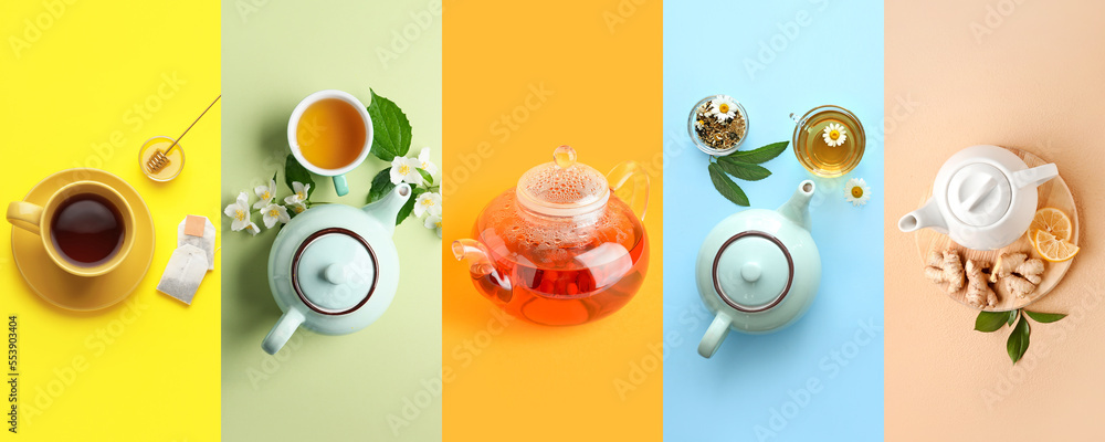 Set of tasty hot tea on color background