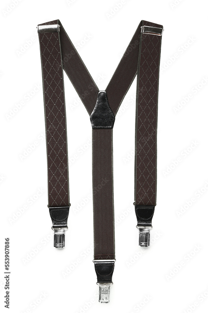 Stylish suspenders on white background