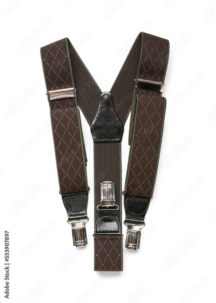 Stylish suspenders on white background