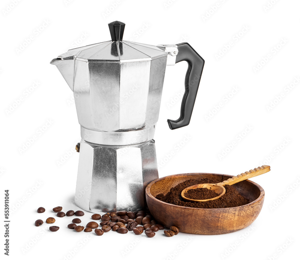 Geyser coffee maker, bowl of powder and beans on white background