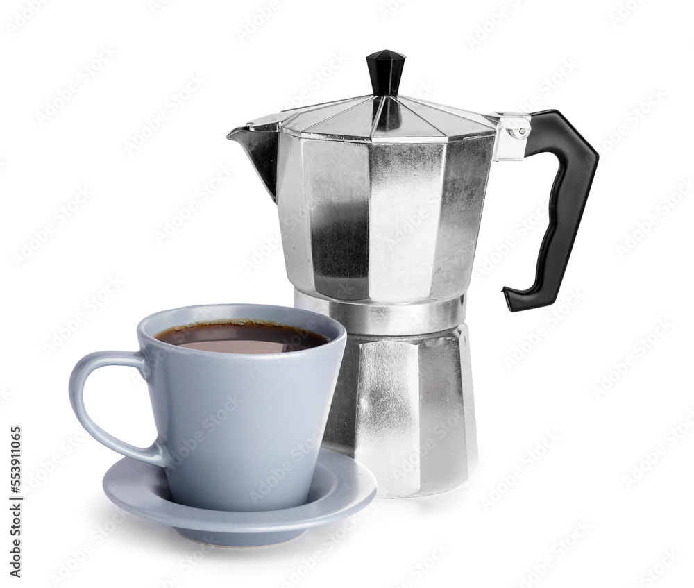 Geyser coffee maker and cup of espresso on white background