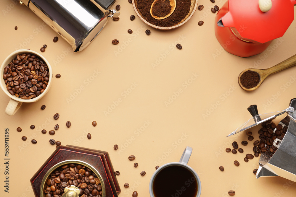 Frame made of geyser coffee makers, grinder, beans and espresso on beige background