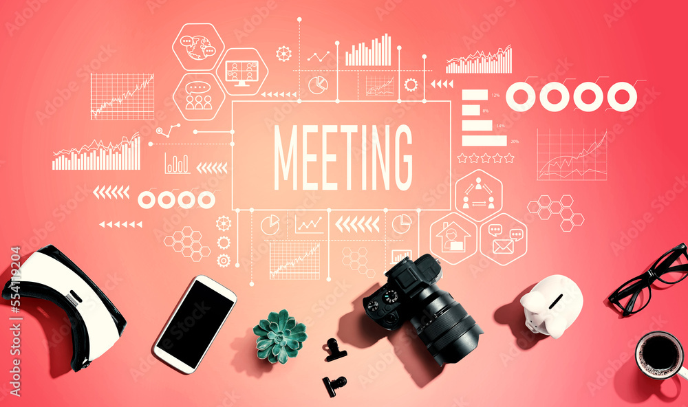 Meeting theme with electronic gadgets and office supplies - flat lay