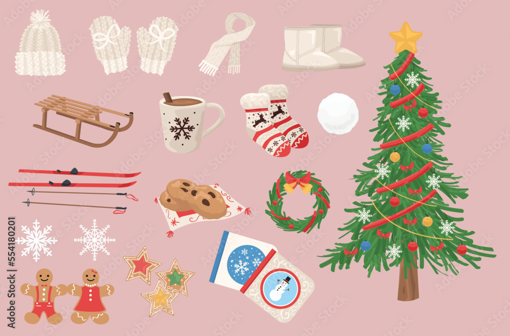 Collection of Christmas items on pink background