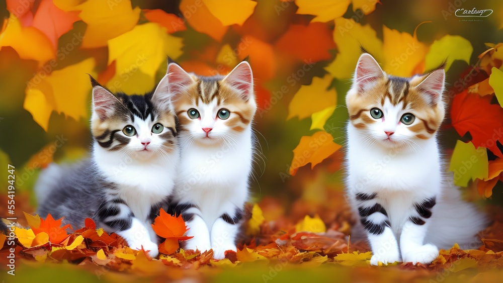 Generative AI.portrait of cats on leaves during autumn