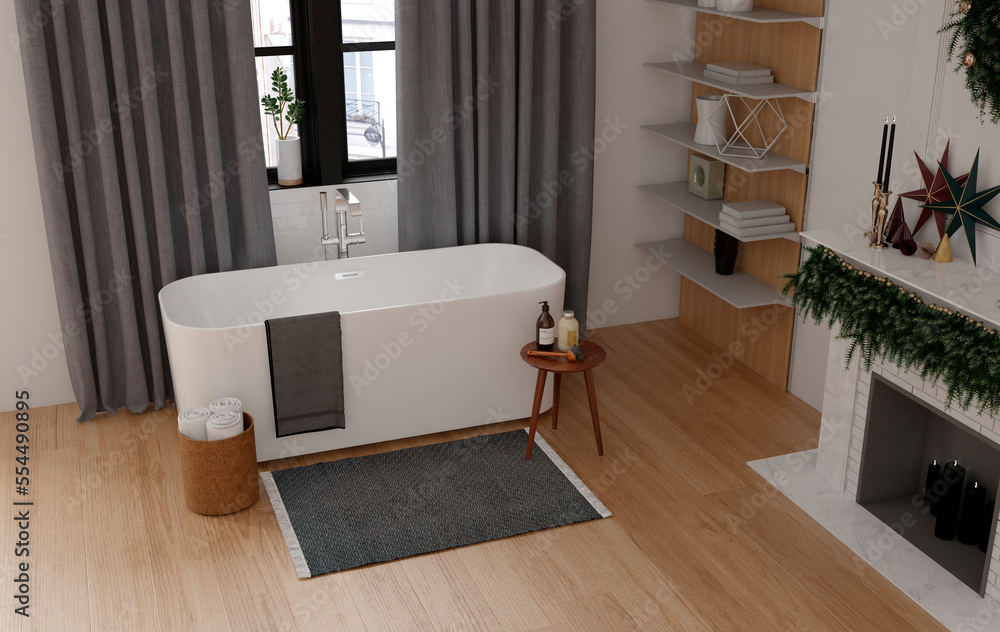 Modern bathroom interior with wooden decor in eco style. 3D Render	