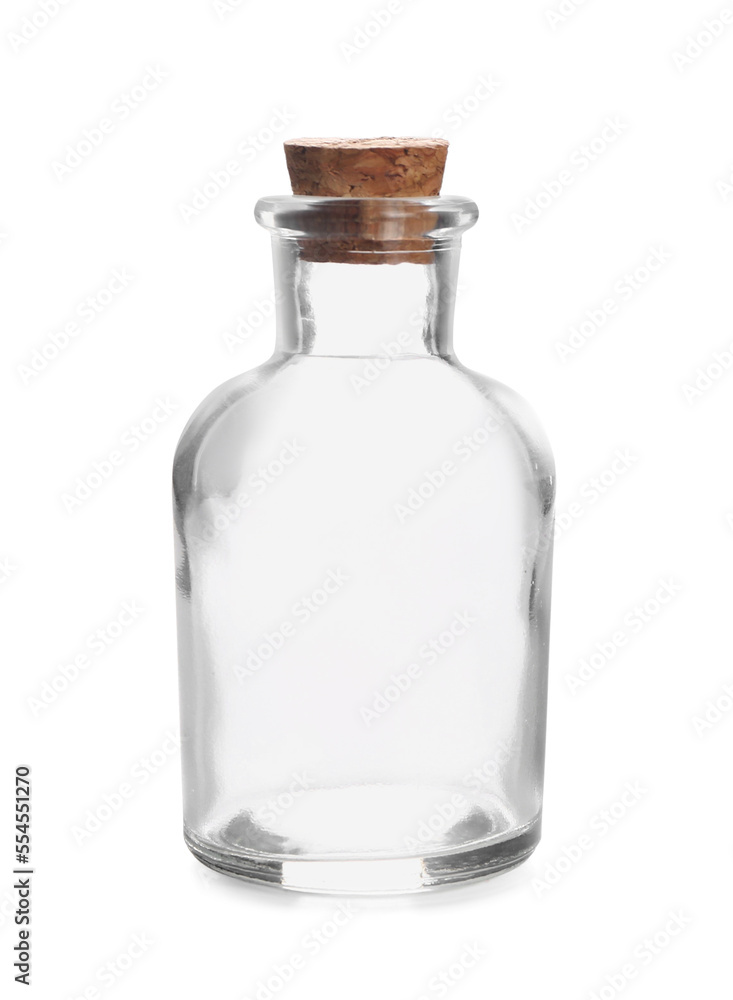 Glass bottle with cork on white background