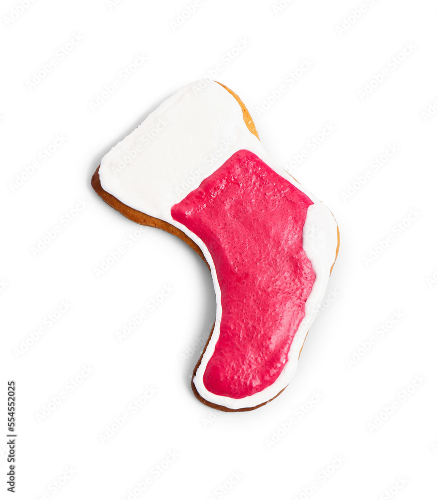 Tasty Christmas cookie in shape of sock isolated on white background