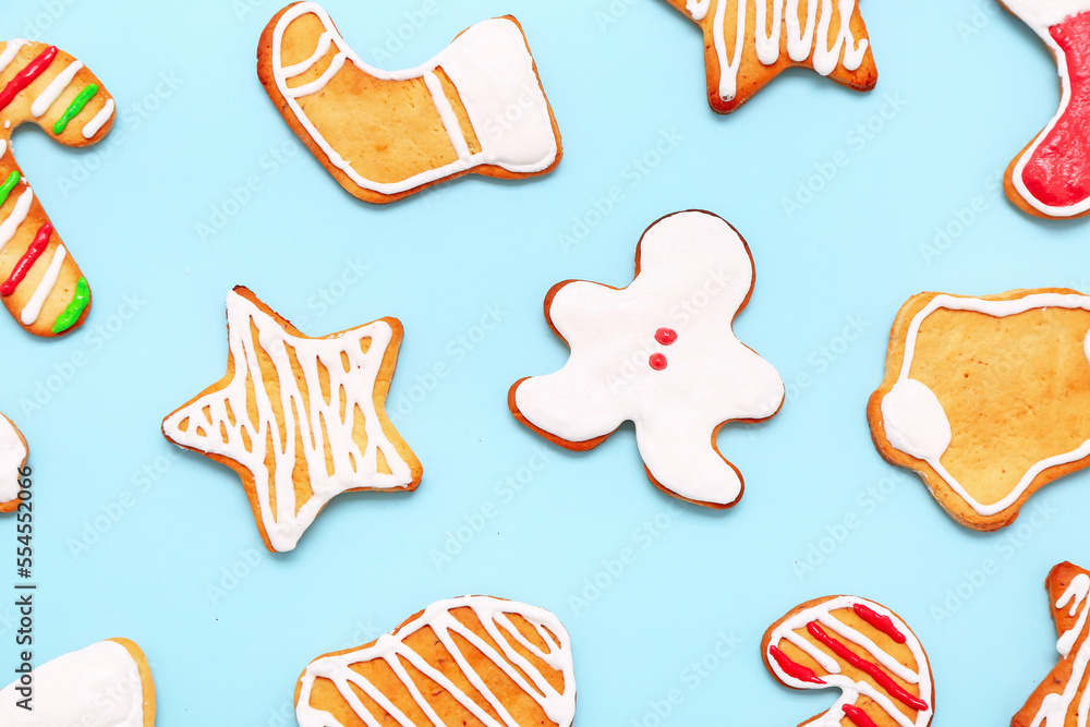 Set of different Christmas cookies on color background