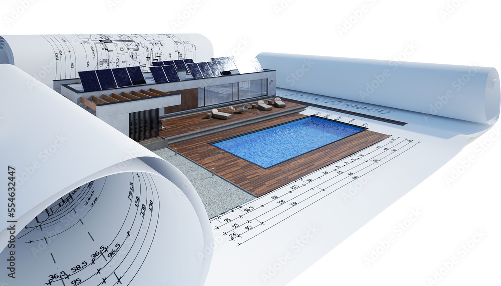 Planung eines modernen, energieeffizienten Bungalow mit Swimmingpool - 3D Visualisierung