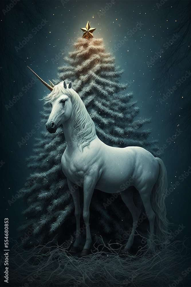 Unicorn and Christmas tree. Generative Ai