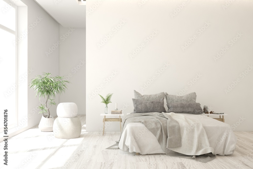 Soft color bedroom interior. Scandinavian design. 3D illustration