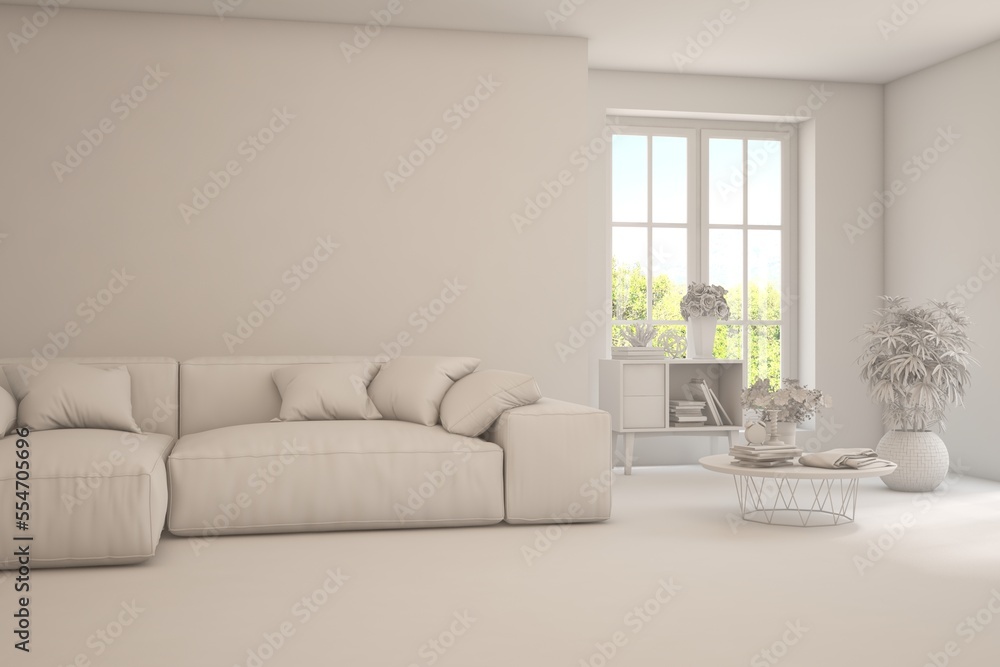 Mock up of minimalist living room in white color with sofa. Scandinavian interior design. 3D illustr