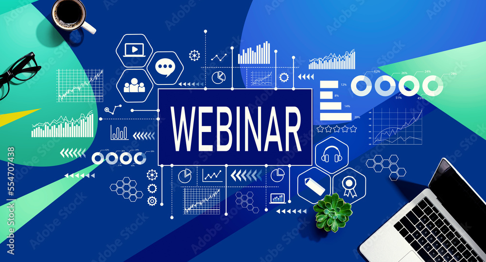 Webinar theme with a laptop computer on a blue and green pattern background