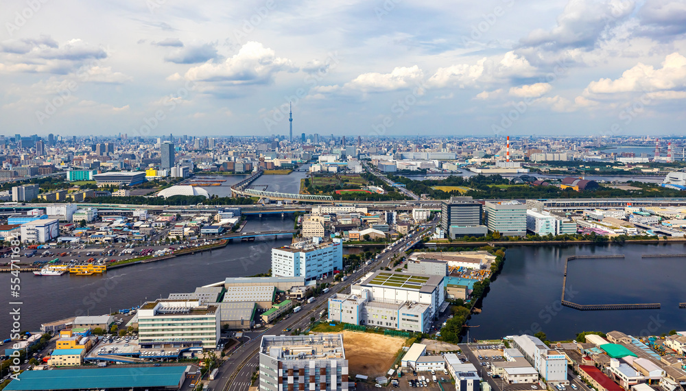 Aerial view of Odaiba Harbor in Minato City, Tokyo, Japan