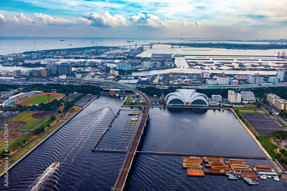 Aerial view of Odaiba Harbor in Minato City, Tokyo, Japan