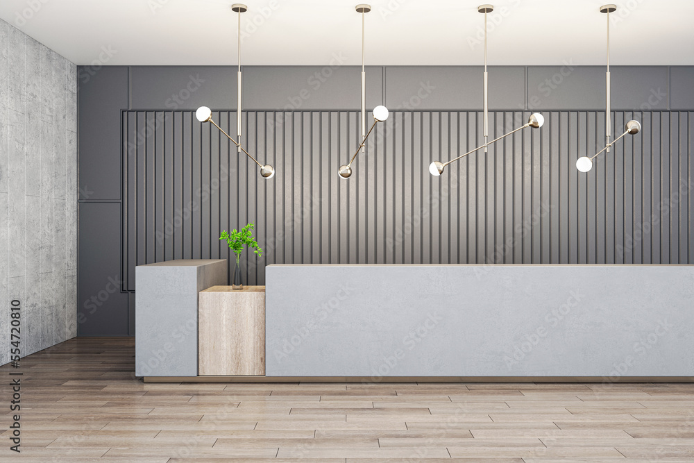 Front view on blank concrete reception desk with empty place and green plant in stylish spacious off