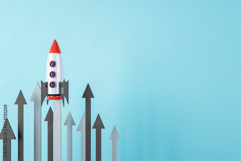 Launching rocket with arrows on blue background with mock up place. Start up and new beginning conce