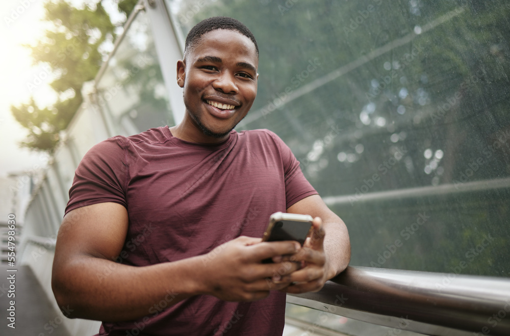 Smartphone, fitness and black man in portrait for wellness website, blog tips update or social media