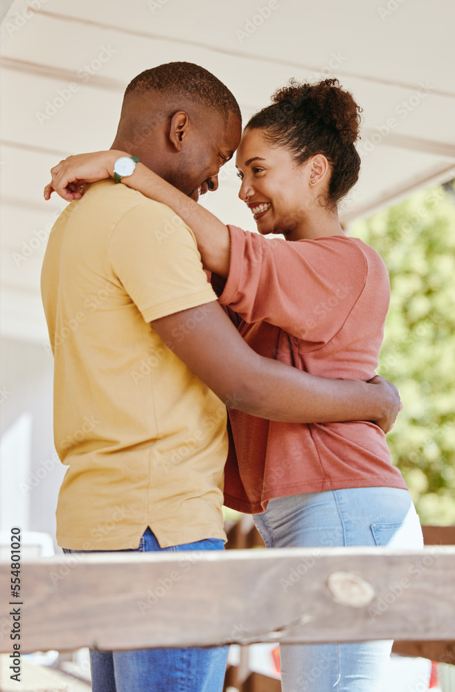 Black couple, love hug and relax in home patio, smiling and bonding. Support, affection and happy ma