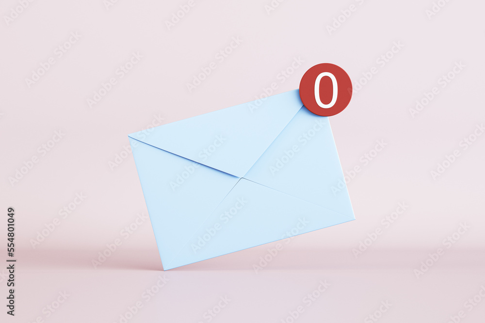 No messages or notification concept with front view on white email paper envelope with white zero in