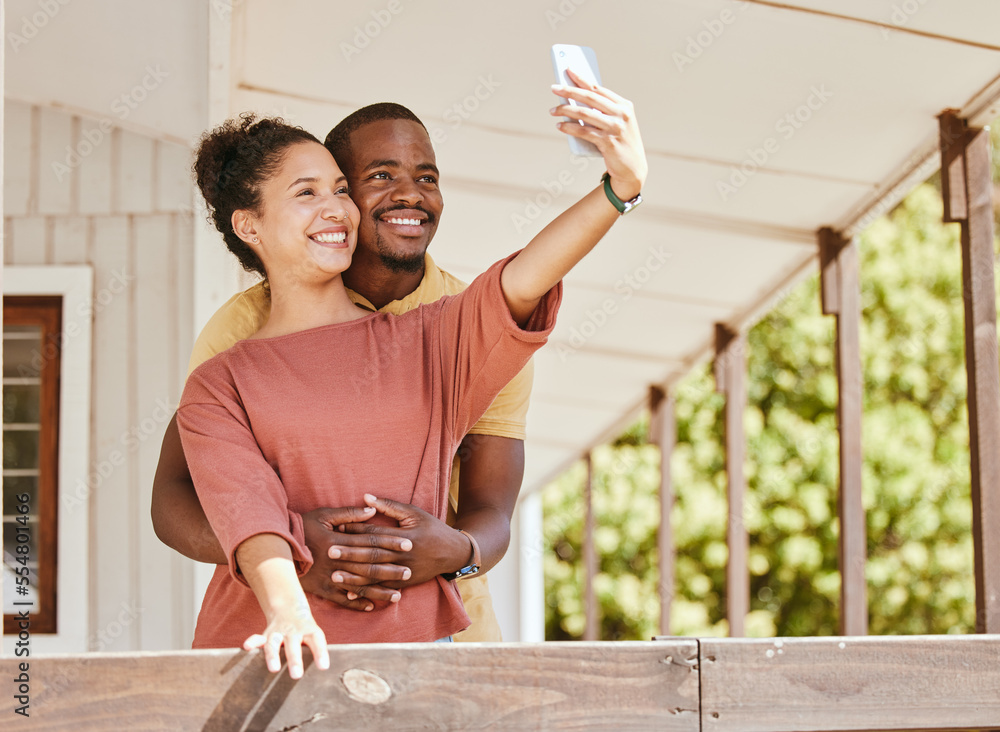 Love, phone selfie and black couple in home by balcony, bonding and having fun. Romance, hug and man