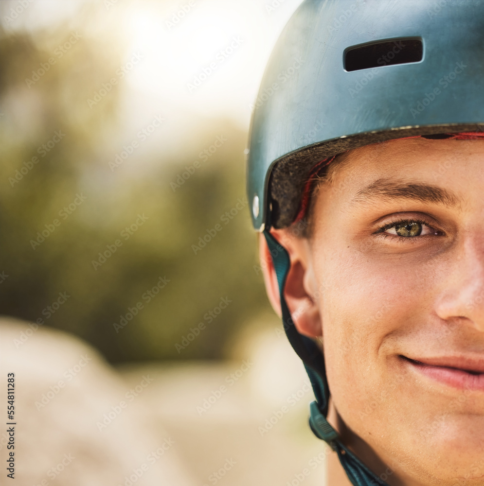 Closeup portrait, cycling helmet and smile for man at mountain bike park, competition or contest. Ha