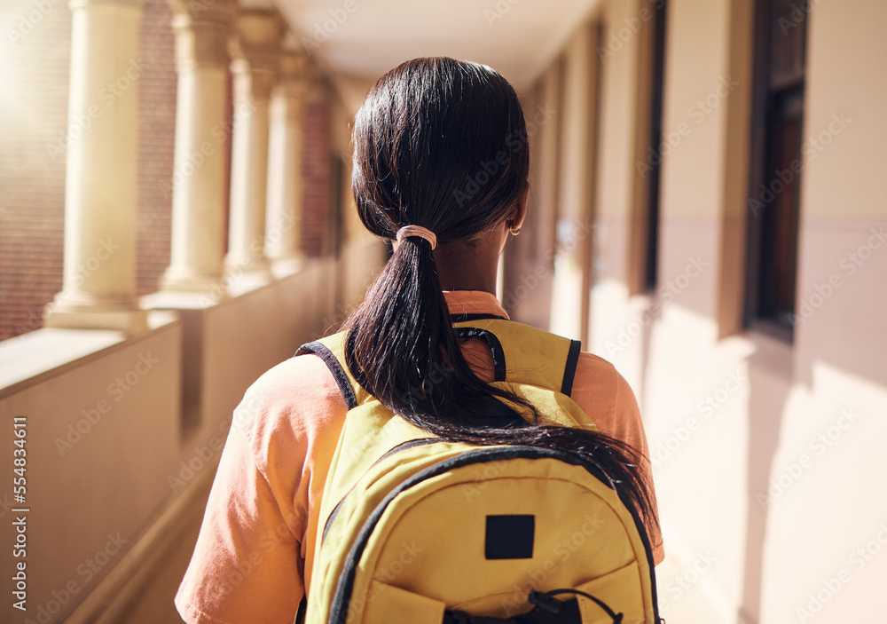 College, backpack and education with black woman in hallway of school for learning, scholarship and 