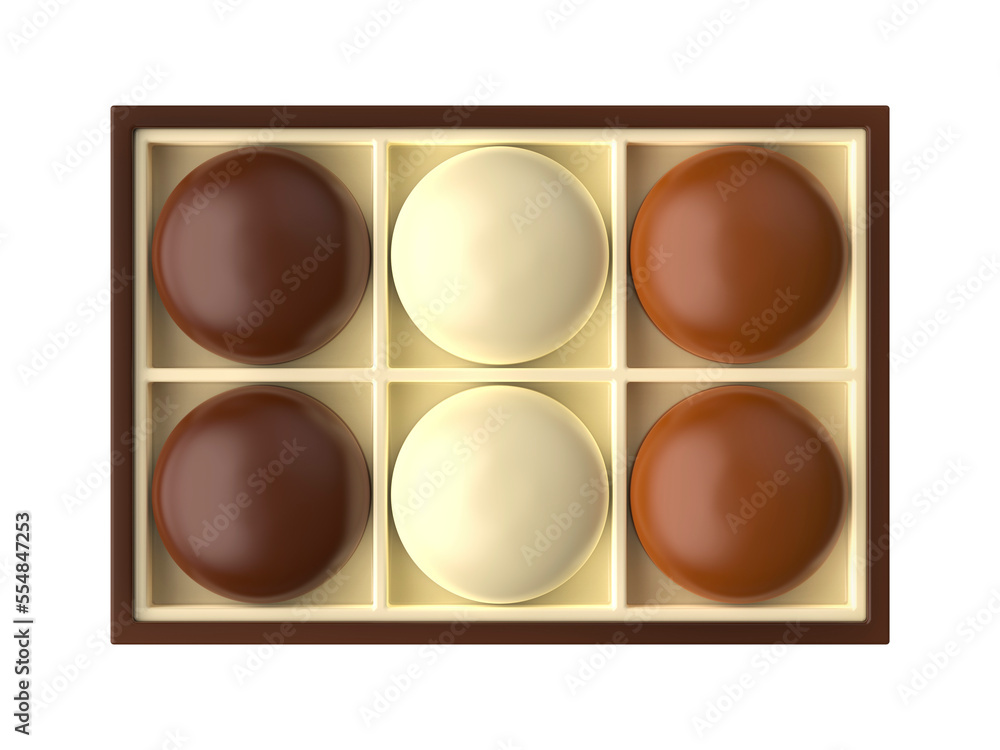 Box with different chocolate coated marshmallows, top view