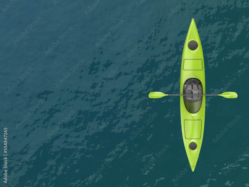 Empty green kayak on water, top view