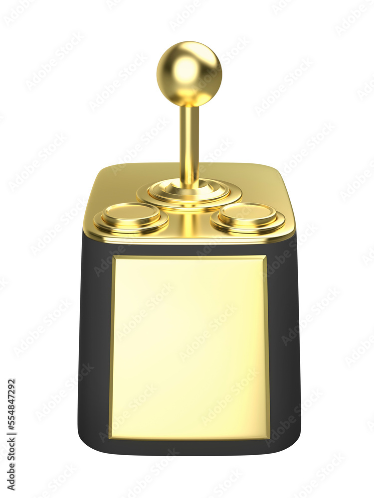 Gold computer joystick trophy on transparent background, front view