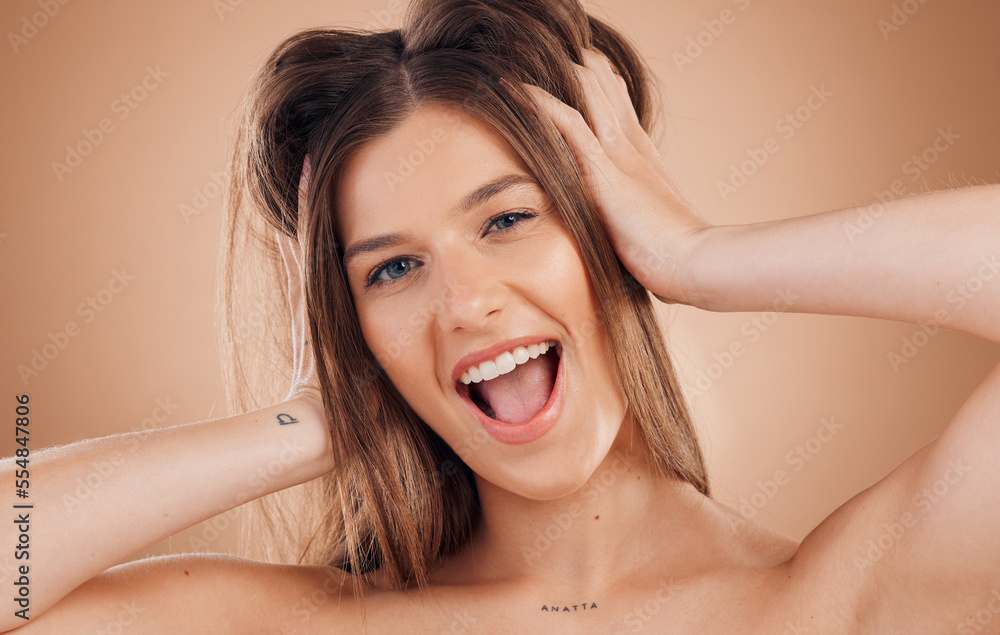 Woman, beauty and smile for hair, skincare or treatment against a brown studio background. Portrait 