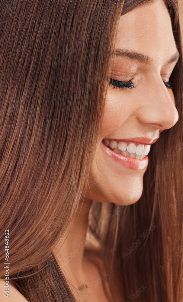 Face, hair care and beauty of woman with eyes closed in studio for dermatology, wellness and skincar