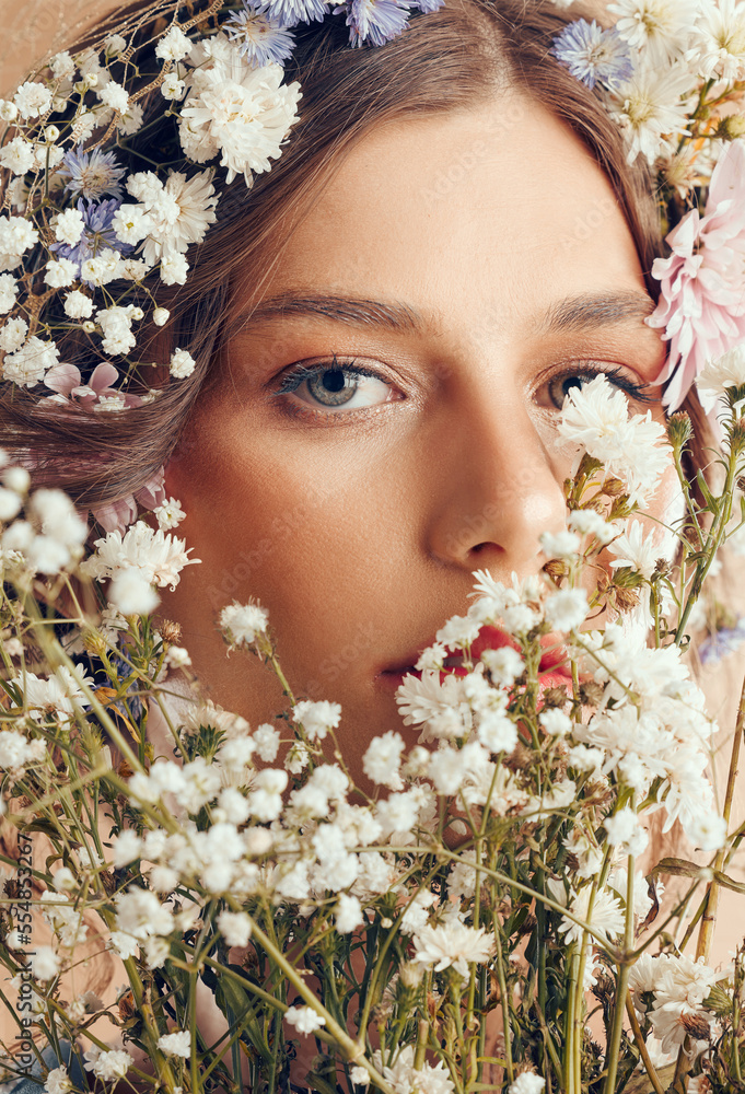 Woman, beauty and flower portrait for natural skincare, cosmetics makeup and floral head crown. Spri