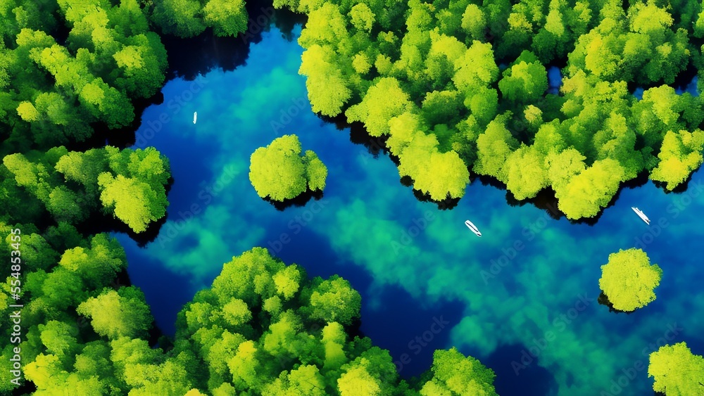 Generative AI,high angle view of trees by lake