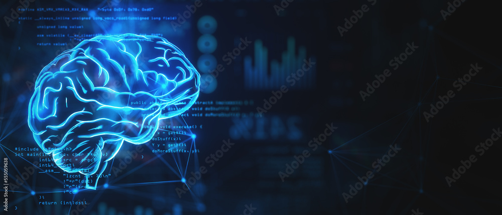 Artificial intelligence and brainstorming idea concept with digital glowing blue human brain with co