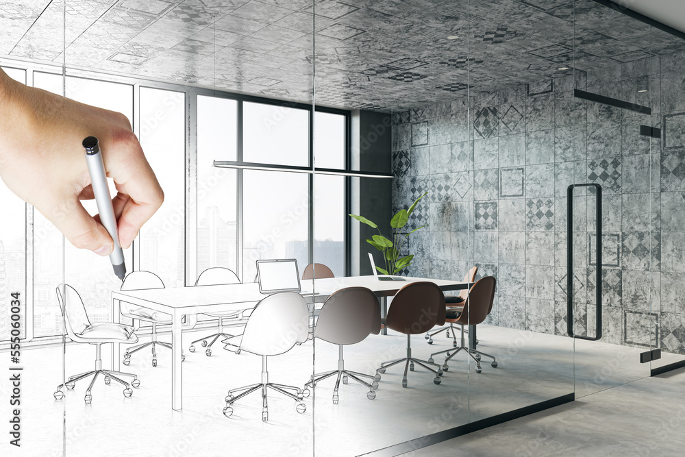 Sketch of modern hand drawn tile conference room interior with furniture, panoramic glass window wit