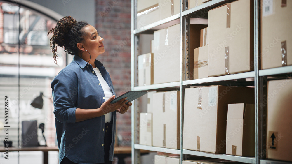 Portrait of a Manager Checking Inventory, Writing in Tablet Computer. Black Woman Working in a Wareh